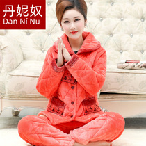 Middle-aged mother pajamas womens autumn and winter coral velvet plus velvet thickened warm padded cotton mother-in-law flannel for the elderly mother-in-law flannel for the elderly
