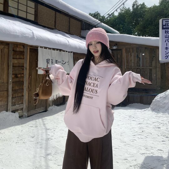 3MER哦哦三妹美式复古字母连帽加绒卫衣女秋冬新款慵懒风宽松上衣