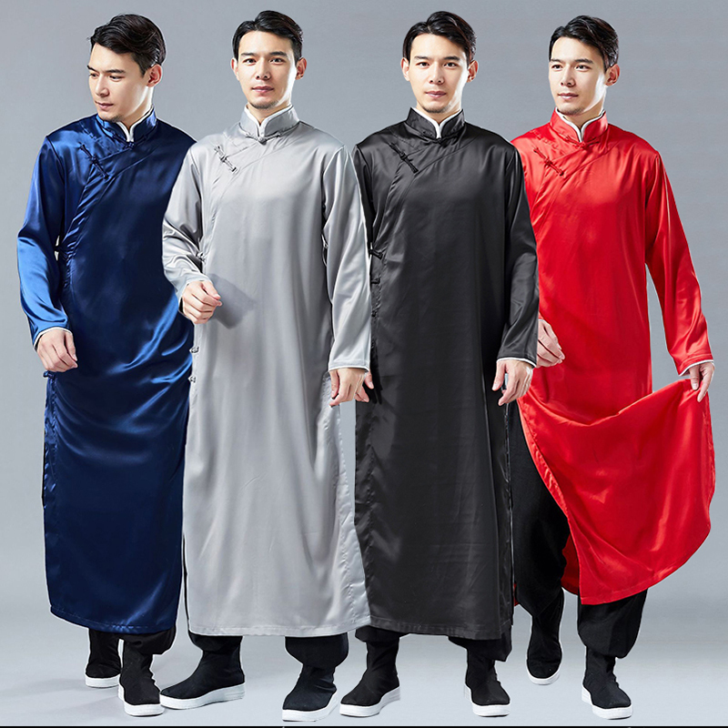 Republic of China Long Robe, Silk Satin Chinese-Style Robe, Vintage Silk Performance Clothing for Men, Youth Performance Attire for Storytelling and Fast-Paced Performances, Hanfu