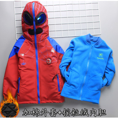 Winter boys' cotton-padded jacket quilted plus velvet thick jacket little boy Spiderman Ultraman jacket with glasses