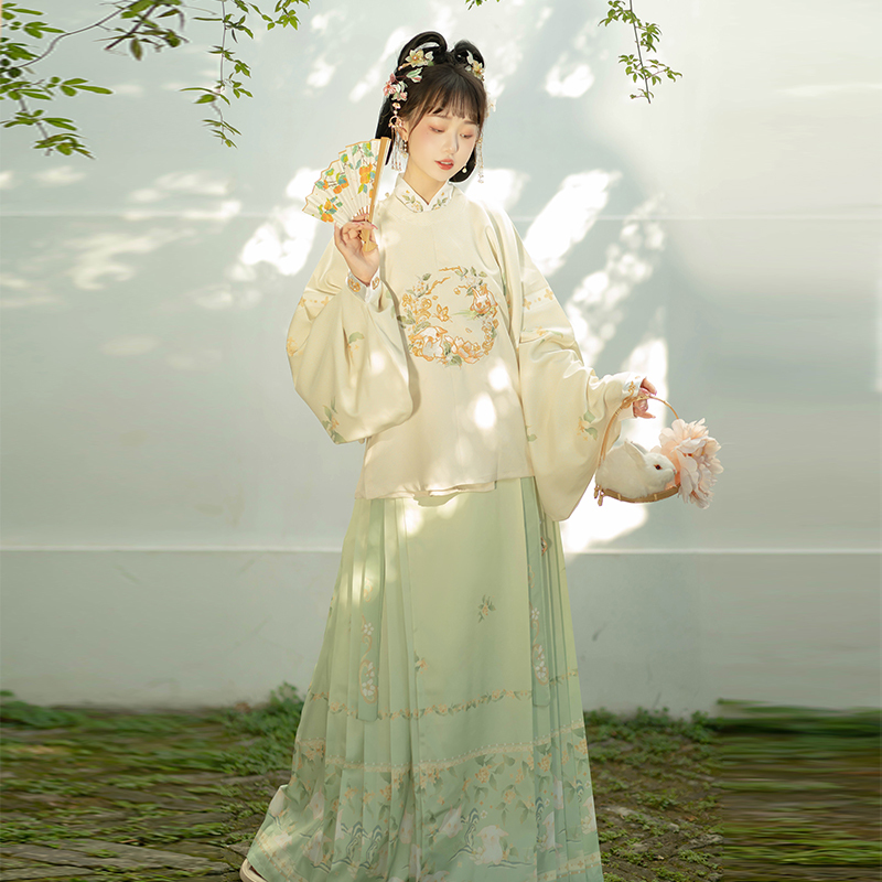 Qingyi Huashang Original [Rabbit Chick] Ming Dynasty Authentic Hanfu Women's Round Neck Robe Jacket Skirt Pipa Sleeves Horse Face Skirt Autumn and Winter