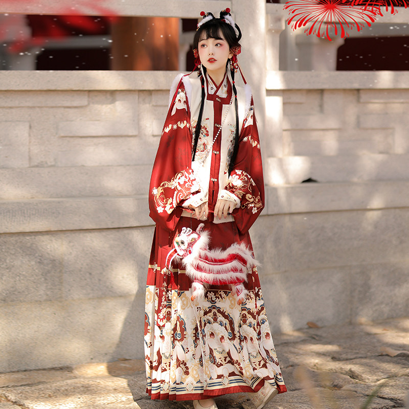 青衣华裳原创福兔啾啾汉服女明制方领刺绣比甲马面裙拜年服冬加绒