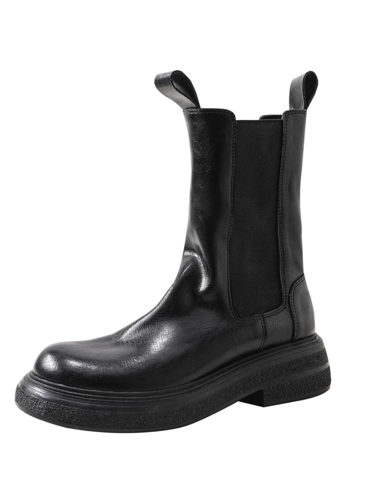 밀란 스튜디오 블랙 부츠 여성 이너 고조 레트로 두꺼운 밑창 첼시 부츠 미드 종아리 플리츠 굴뚝 부츠