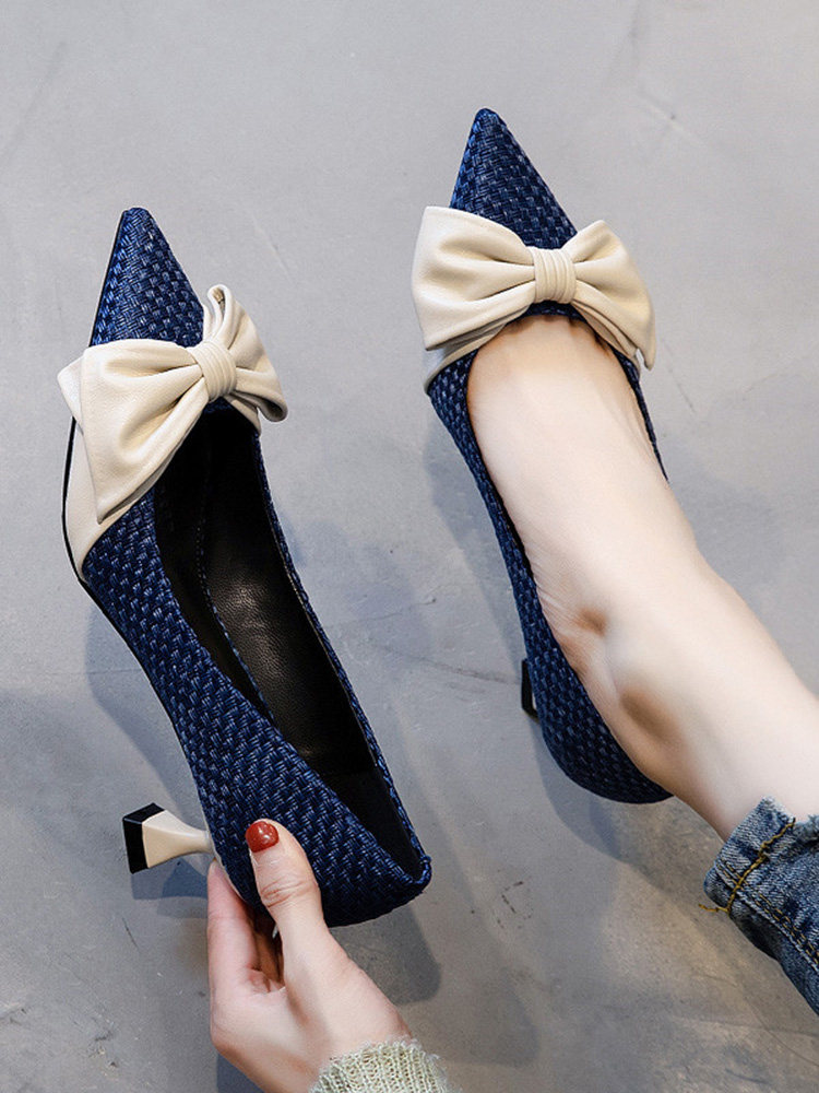 여성용 밀란 스튜디오 우븐 슈즈 한국 버전 다재다능한 보우 포인티드 토 컬러 블로킹 얕은 로우힐 여성용 하이힐