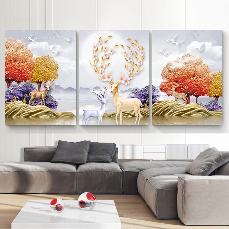 5d diamond painting full of diamond hair Cairoe deer point sticking and drilling cross embroidered diamond embroidered 2021 new living room Eurostyle triptych