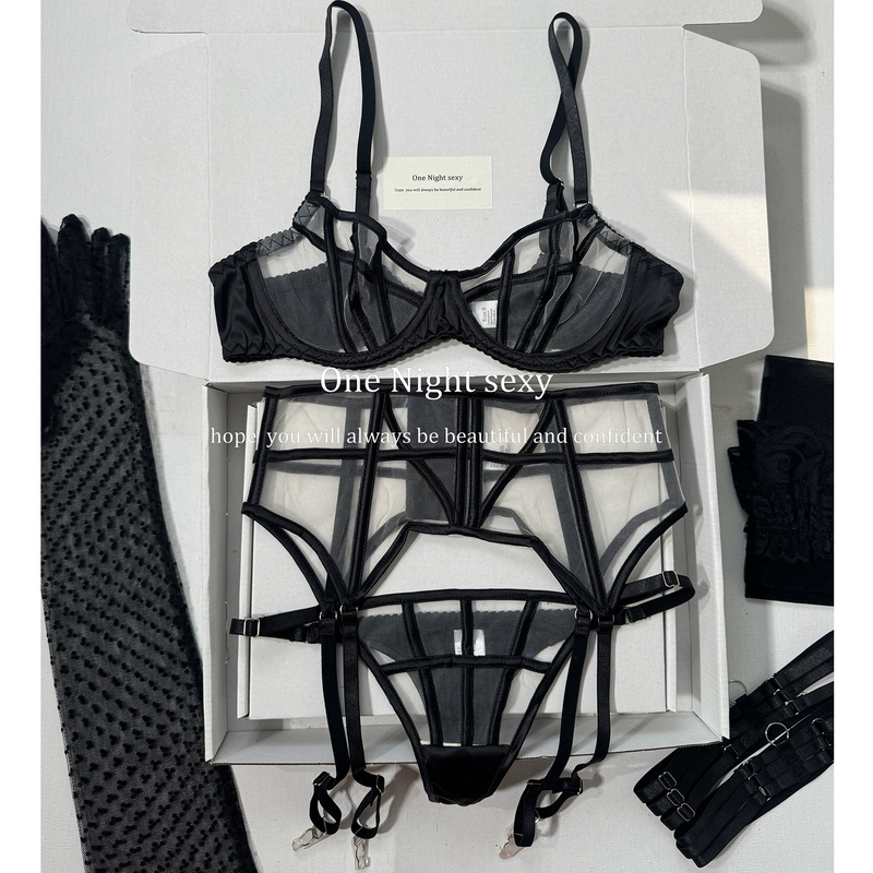 Meini "Cold Desire City" High-End Sheer Mesh See-Through Thin Fishbone Sexy Lingerie Set
