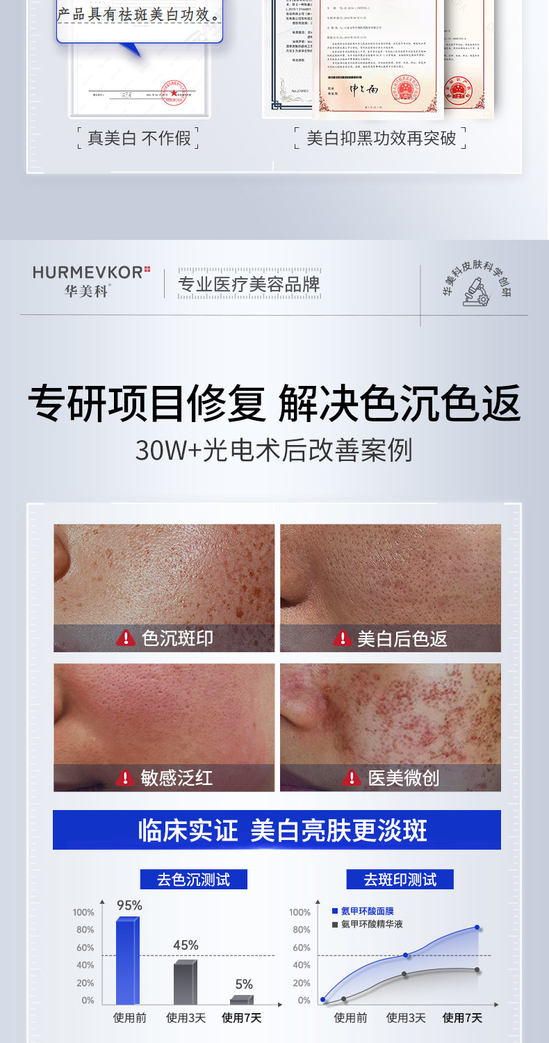 【中国直邮】 华美科 传明酸面膜 氨甲环酸精华液 去黄褐斑分解黑色素淡化色斑 10片/盒*3盒
