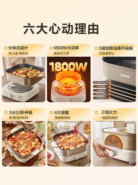Supor Electric Hot Pot for Home Use, 6L Large Capacity, Detachable Multi-Functional Cooking Electric Pot, Frying Pan, New Product