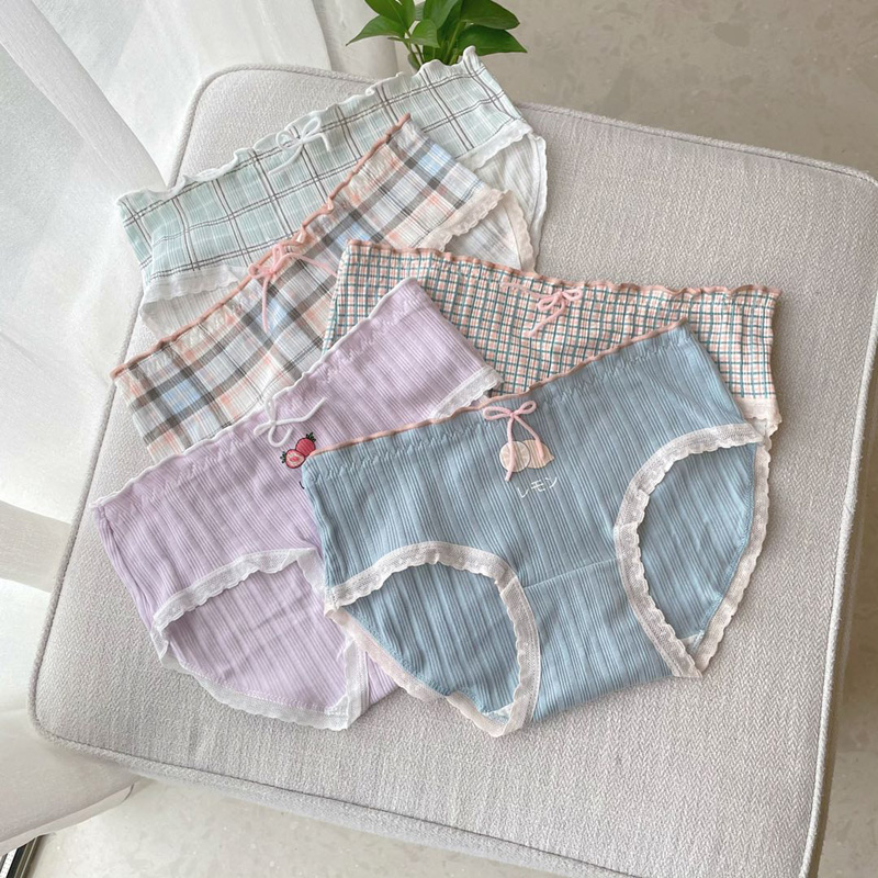 Fruit Plaid Girl Briefs Female Cotton Lady Triangle Pants Mid Waist Day Department Sweet And Breathable Comfort Pure Cotton Crotch Thin-Taobao
