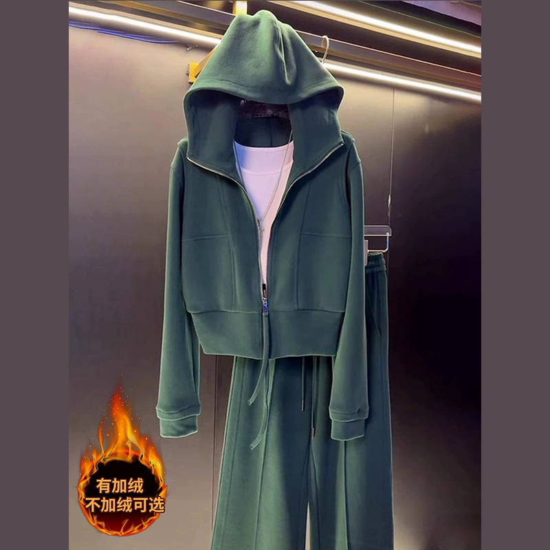 European Style High-End Sweatshirt Casual Fashion Suit for Women 2026 New Autumn and Winter Fleece-Lined Sports Two-Piece Set