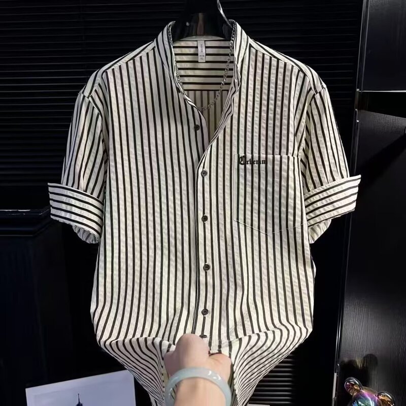 Summer New Korean Style Japanese Men's Summer Fashion Loose Trendy Versatile Casual Striped Shirt Short Sleeve Summer New Korean Style Japanese Men's Summer Fashion Loose Trendy Versatile Casual Striped Shirt Short Sleeve