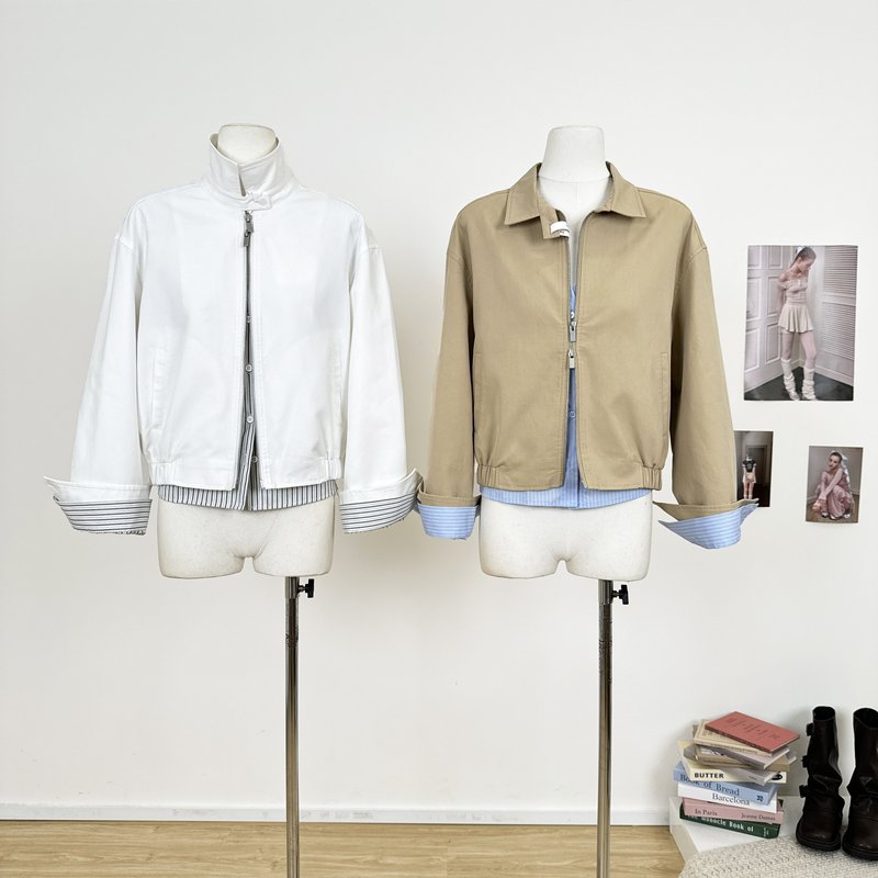 Salth Tencel Cotton Faux Two-Piece Color-Block Striped Stand Collar Jacket for Women with Patchwork Cuffed Sleeves, Short Casual Jacket for Autumn