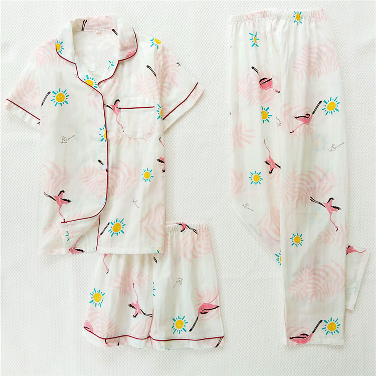 sợi bông Pyjama ba mảnh bộ womens mùa hè tay áo ngắn quần short hai lớp gạc mùa xuân và mùa thu bông nhà quần áo thiết mỏng.