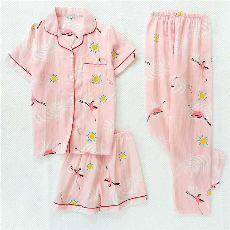 sợi bông Pyjama ba mảnh bộ womens mùa hè tay áo ngắn quần short hai lớp gạc mùa xuân và mùa thu bông nhà quần áo thiết mỏng.