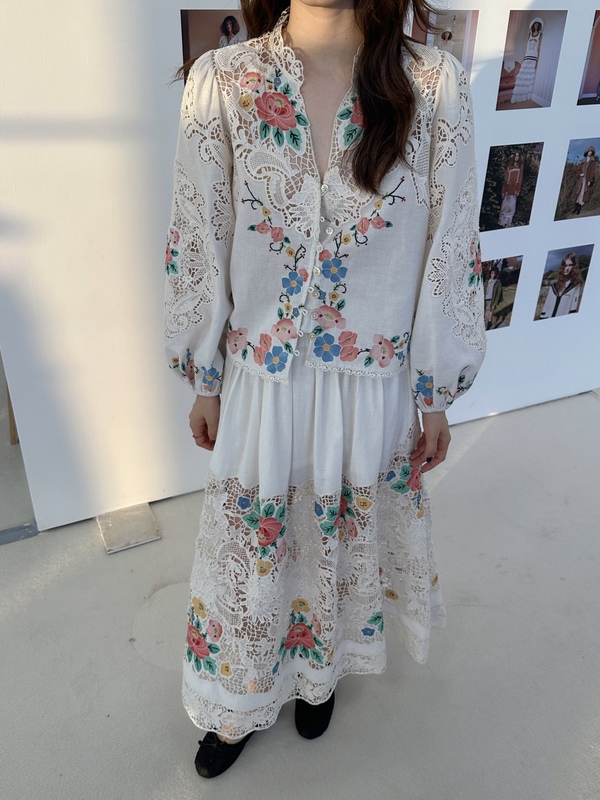 Sea New York Shirt 26 Spring/Summer New French Style Hollow Lace Patchwork Embroidered Shirt and Skirt