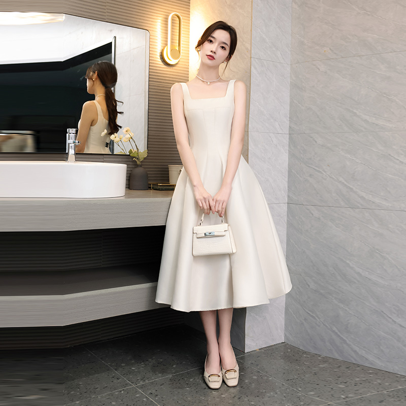 Middletone Dress for Women, French Square Neck Satin Engagement Dress, Light Formal Dress, Hepburn Style White Dress