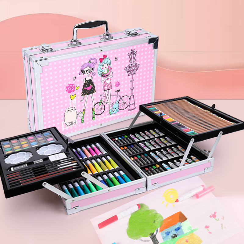 145 Piece Luxury Aluminum Box Set - 20 Copies For Painting In Pinkchildren 208 piece Watercolor pen draw suit Color pen 3-6 year Fine Arts study articles painting tool kindergarten