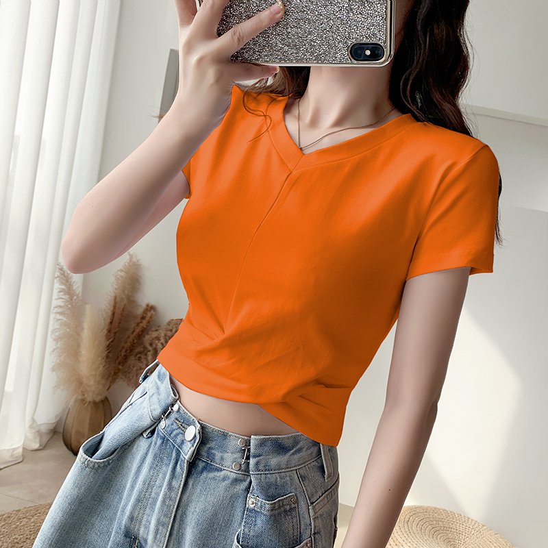 Orange Ultra-Short T-Shirt for Women, Short-Sleeved, 2025 New Design, Tight-Fitting, High-Waisted, Midriff-Baring Dopamine V-Neck Top for Summer