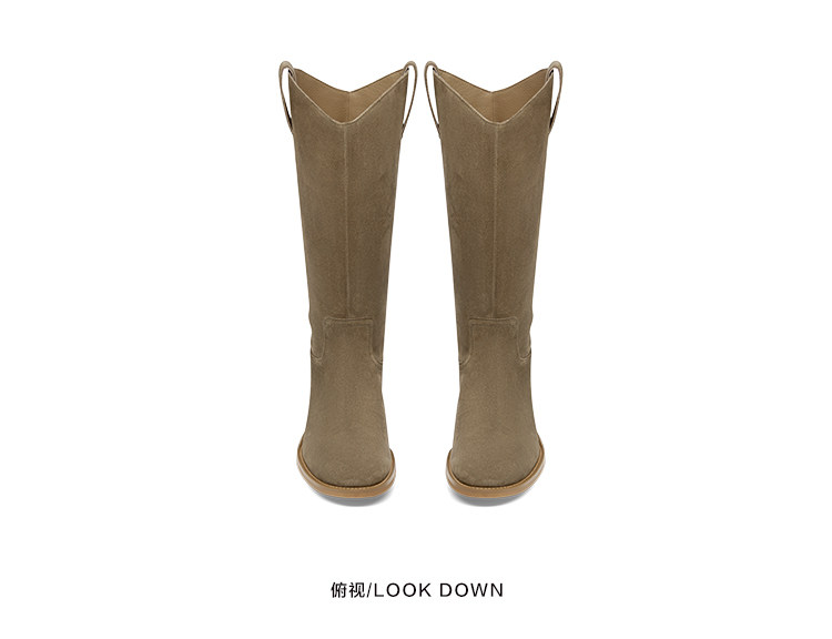 Западные Boots kisscat接吻猫秋季新款堆堆靴时尚粗跟长靴牛绒皮革v口时装靴女
