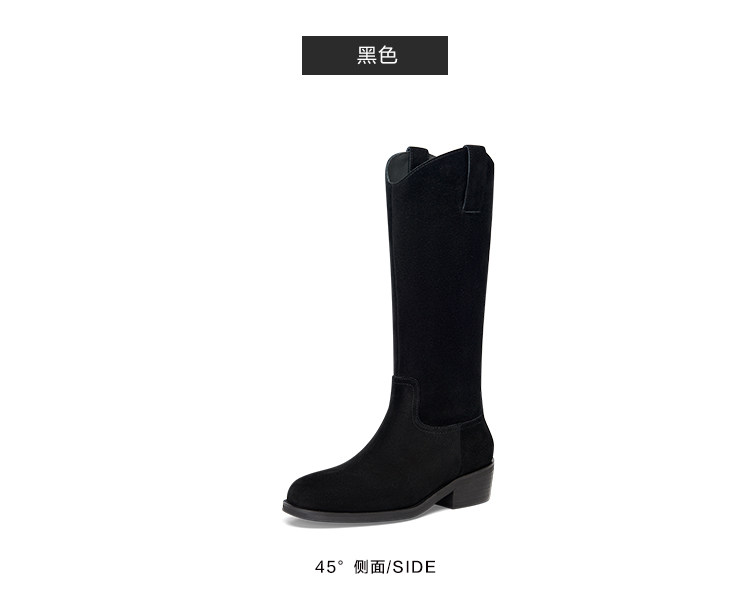 Западные Boots kisscat接吻猫秋季新款堆堆靴时尚粗跟长靴牛绒皮革v口时装靴女