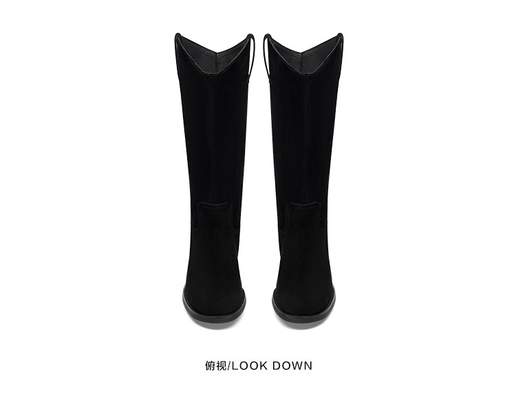 Западные Boots kisscat接吻猫秋季新款堆堆靴时尚粗跟长靴牛绒皮革v口时装靴女