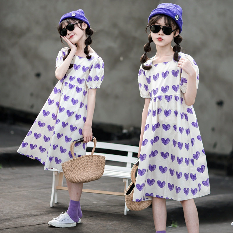 South Korea SZ summer 2022 girls dress Korean version of the Western style princess skirt children's love short-sleeved cotton skirt tide