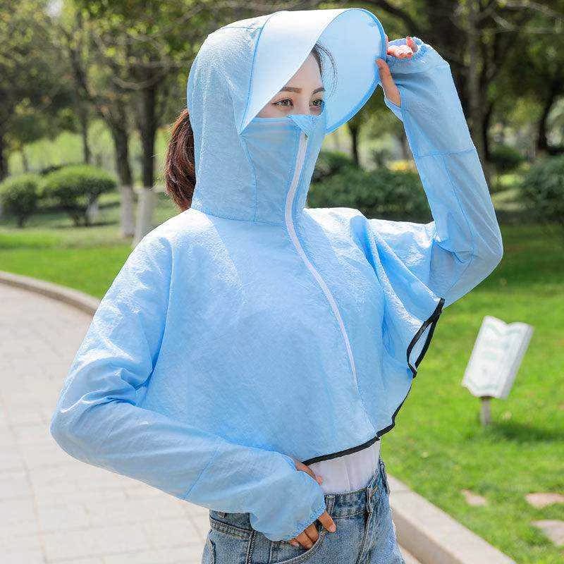Mùa hè Hàn Quốc phiên bản ngắn đội mũ trùm đầu chống nắng nữ đi xe đạp mặt trời bóng râm chống nắng quần áo thở UV phụ nữ áo mỏng