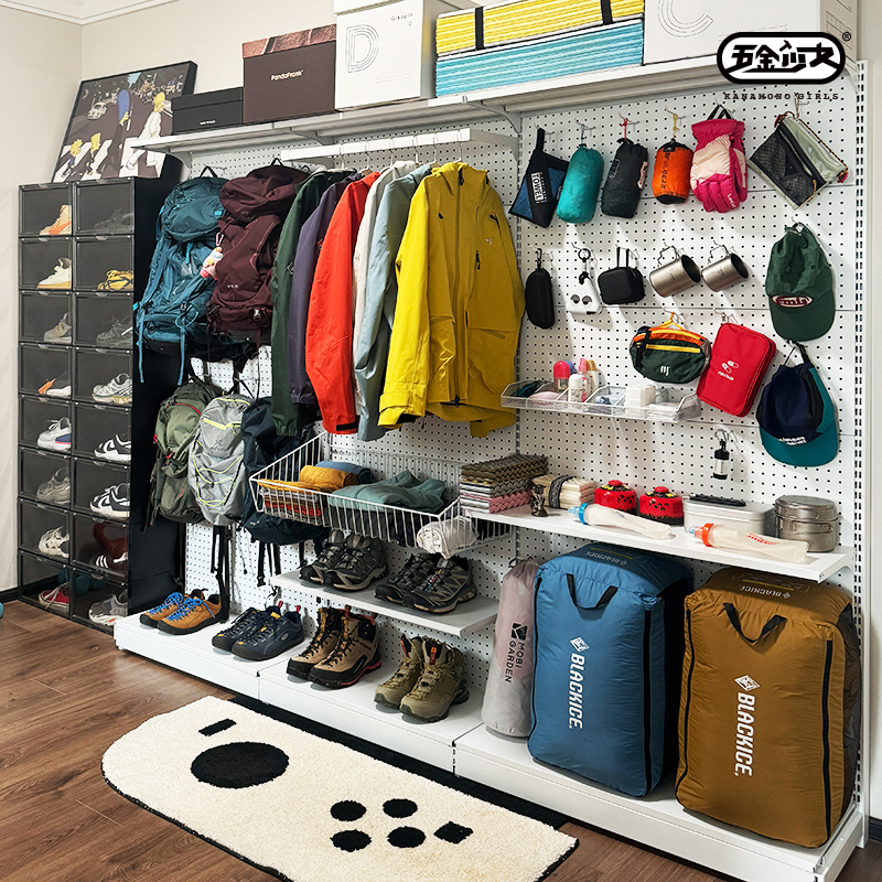 Hardware Girl White Perforated Board Outdoor Gear Storage Rack Wall Display Shelf for Hiking and Mountaineering Hardware Girl White Perforated Board Outdoor Gear Storage Rack Wall Display Shelf for Hiking and Mountaineering