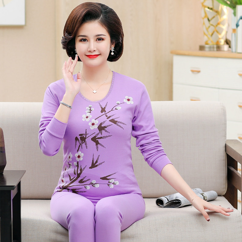 Middle-aged and elderly autumn clothes and long johns pure cotton mother's thermal underwear for the elderly thin section linen cotton sweater suit ladies new