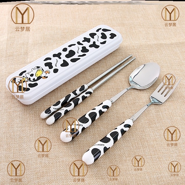 Chopsticks Spoon Set 304 Stainless Steel Creative Cute Long Handle Fork Student Portable Cutlery Box Three-piece Set