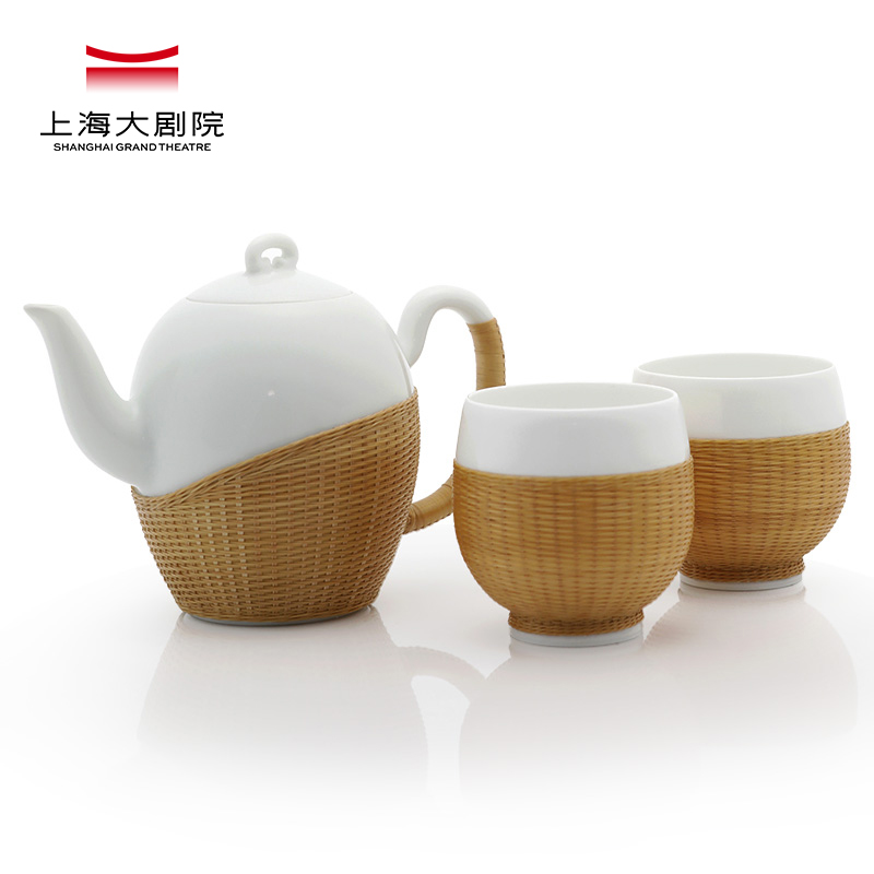 Shanghai Grand Theatre Floating Sheng series bamboo wire buckle porcelain tea set one pot two cups business gift birthday gift porcelain