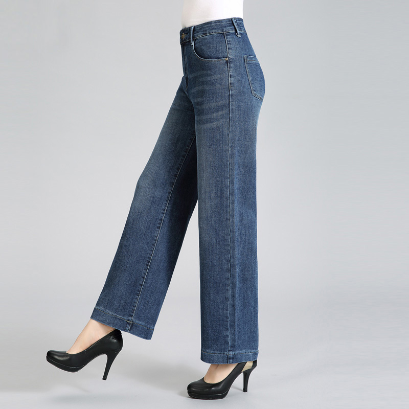 Mom's Wide-Leg Jeans for Women, Spring High-Waisted, Stretchy, Loose, Straight-Leg, Wide-Footed Long Pants, Spring and Autumn, Middle-Aged and Elderly Women's Pants
