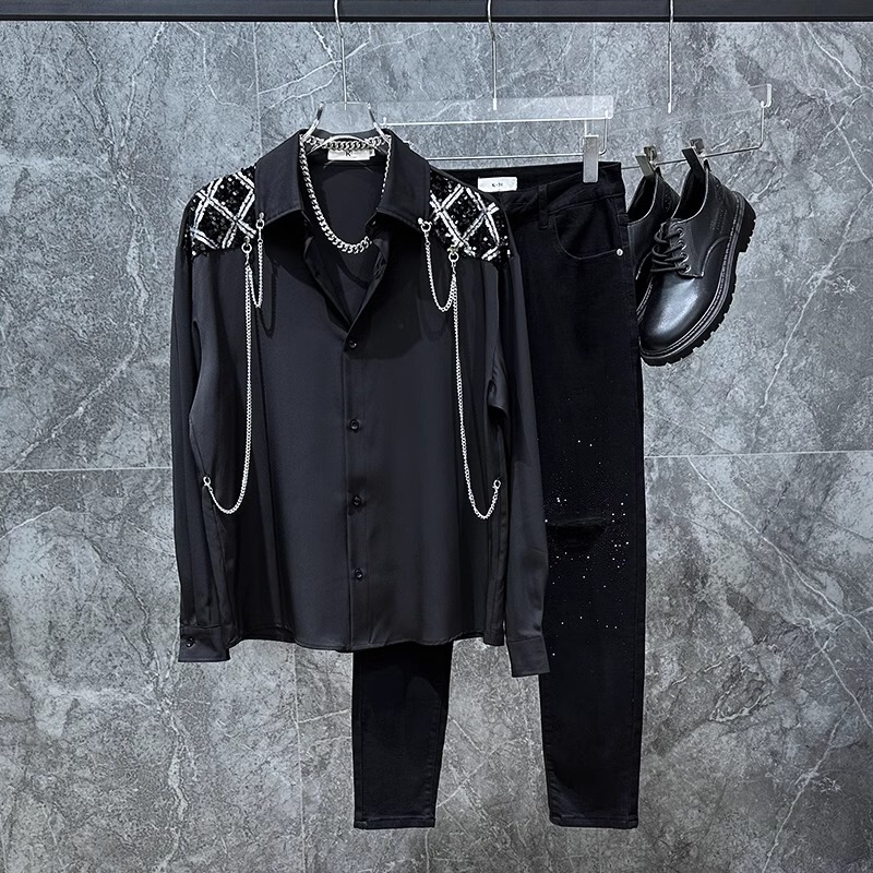 ins Men's Shirt with a Cool and Sophisticated Street Style, Featuring a Unique Metal Chain Design, Long Sleeves, and Sequin Embellishments