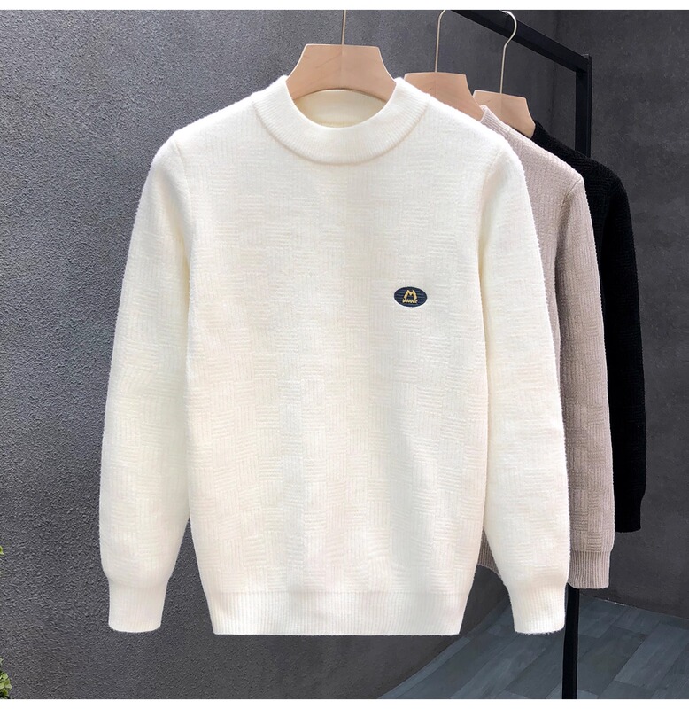 High-Quality White Embroidered Sweater for Men, Winter Knitwear, 2024 New Style, Men's Warm and Fashionable Base Layer Shirt