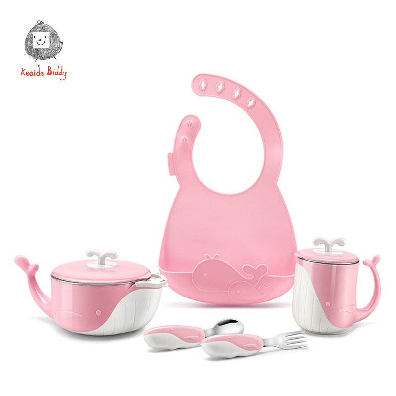 Children's baby monthly injection insulation bowl baby whale stainless steel tableware set anti-fall slip