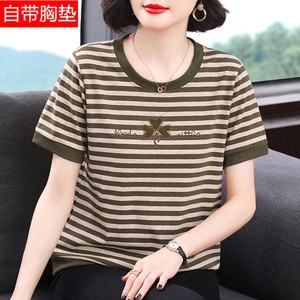 Women's Short-Sleeved T-Shirt with Chest Pads, Pure Cotton, Suitable for Mothers, Can Be Worn Outside, Sleepwear, Anti-Bump, Loose Fit, Plus Size, Summer T-Shirt for Middle-Aged and Elderly