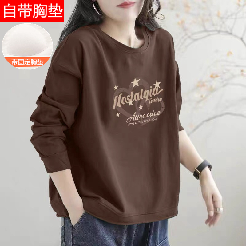 Women's Long-Sleeved Cotton Top with Chest Pads, Can Be Worn Outside, Loose Fit, Plus Size T-Shirt, Single Piece Pajamas, Spring and Autumn Base Layer Shirt