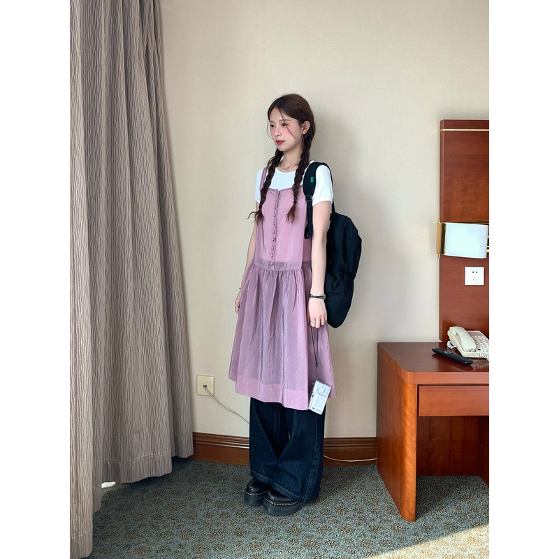 Whystudio Korean Style Layered Sheer Square-Neck Button-Up Suspender Dress for Women, New Spring/Summer Long Dress with Straps