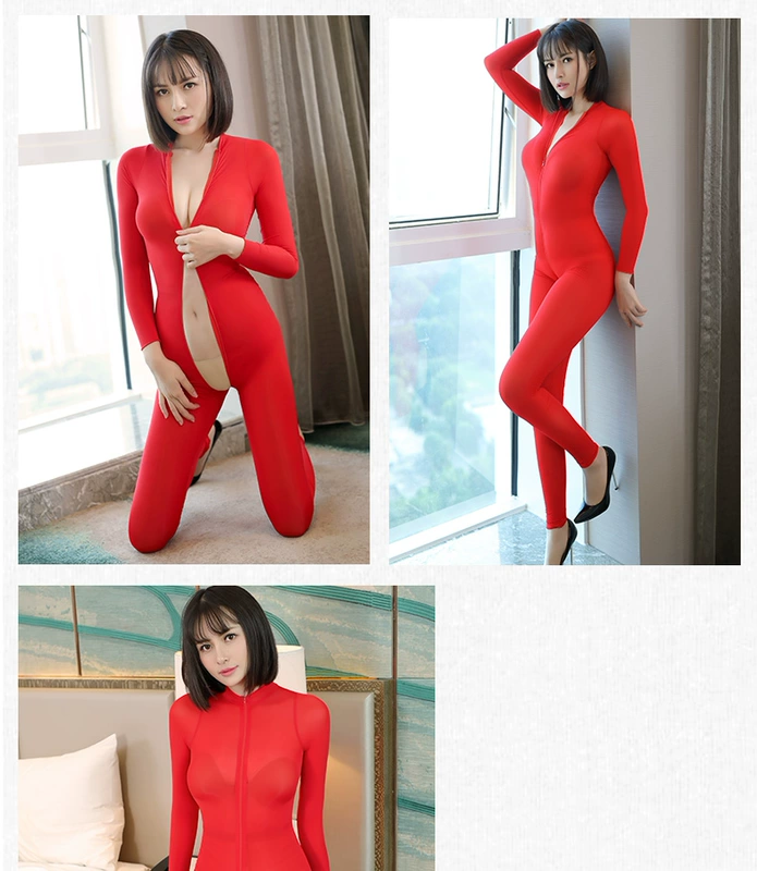 Đồ lót mới gợi cảm đôi đầu dây kéo siêu mỏng cơ thể trong suốt jumpsuit với dây kéo từ cổ có thể được mở đến mông