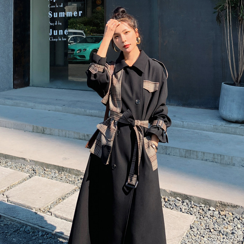 Pregnancy Maternity Dress Casual Jacket Han Edition Autumn Clothing Fashion style Middle-long version over knee large dress Lattice Splicing Long Sleeve Windsuit