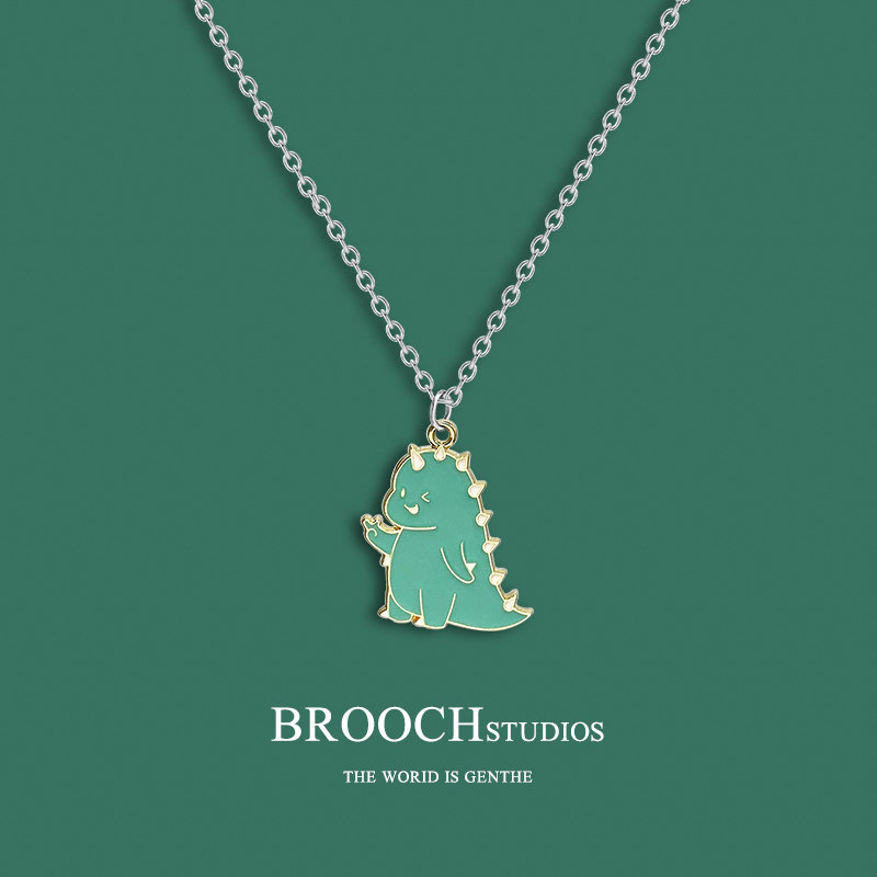 Cute and cute green dinosaur necklace female ins hip-hop with sweater sweater chain long section 2020 new Korean