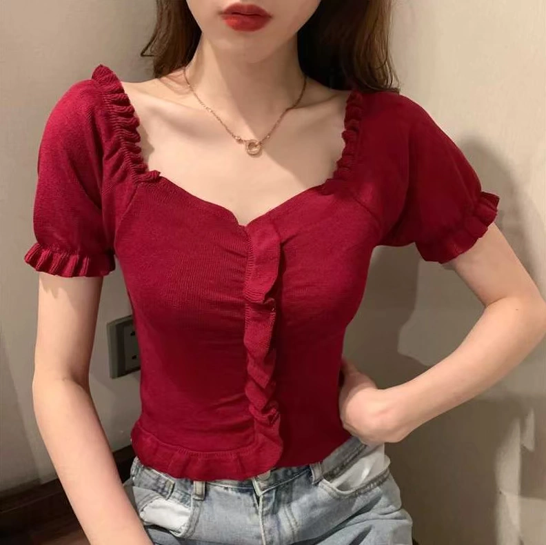 2020 mùa hè trang phục mới retro bong bóng ngắn tay ngắn vuông cổ áo băng đan áo lưng cao đầu tím t-shirt của phụ nữ