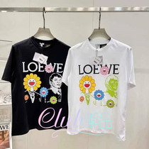 Spot LOEWE LOEWE 21ss new sunflower printing letters logo round neck short-sleeved mens T-shirt women