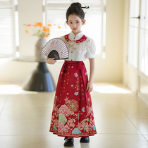 Horseface Skirt Girl 2024 Summer New Ancient Wind New Chinese style suit State Wind Children Down with girl Summer clothes Hanfu