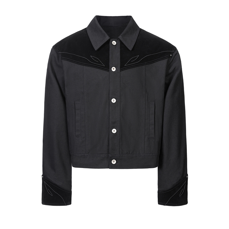 Esaias Saiya's "Rune" Carved Embroidered Velvet Patchwork Canvas Short Wide Work Jacket
