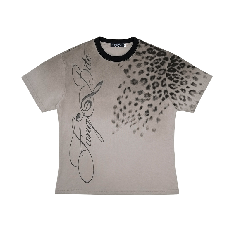 Esaias Saiya's "Roar" Note Leopard Print Glitter Spray Dirty Wash Distressed Short-Sleeve T-Shirt
