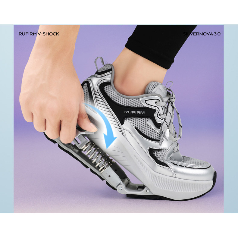 通気性とパワーアシストを実現するスプリングメッシュアッパーを採用した、ハイテクな機械式衝撃吸収ニーブレースランニングシューズ。丸いつま先のプロ仕様メンズランニングシューズ。