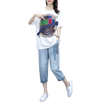 Casual suit womens summer wear 2024 new style short-sleeved T-shirt nine-point jeans fashionable loose large size two pieces