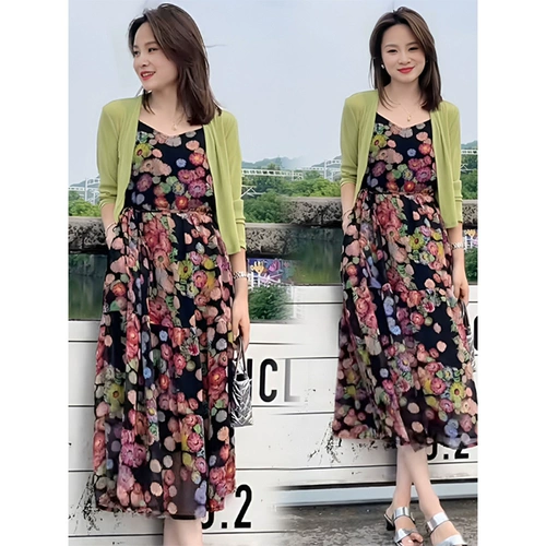 Летнее универсальное легкое и тонкое платье-комбинация, комплект, цветочный принт