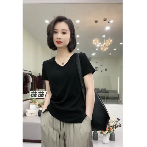 Летняя хлопковая футболка с коротким рукавом, V-образный вырез, по фигуре